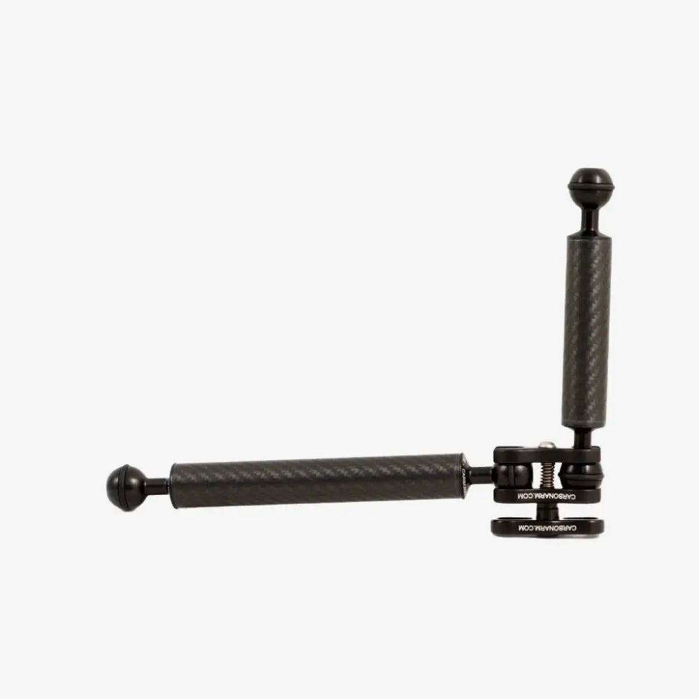 Black carbon fiber l-shaped camera rig with spherical ends and adjustable joints for versatile mounting standard clamp