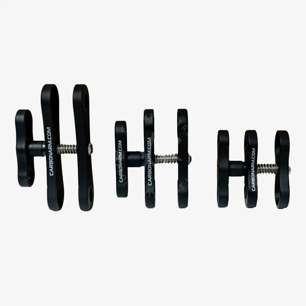 Black carbonarm standard clamp with textured handles and threaded metal shafts for secure camera rig mounting