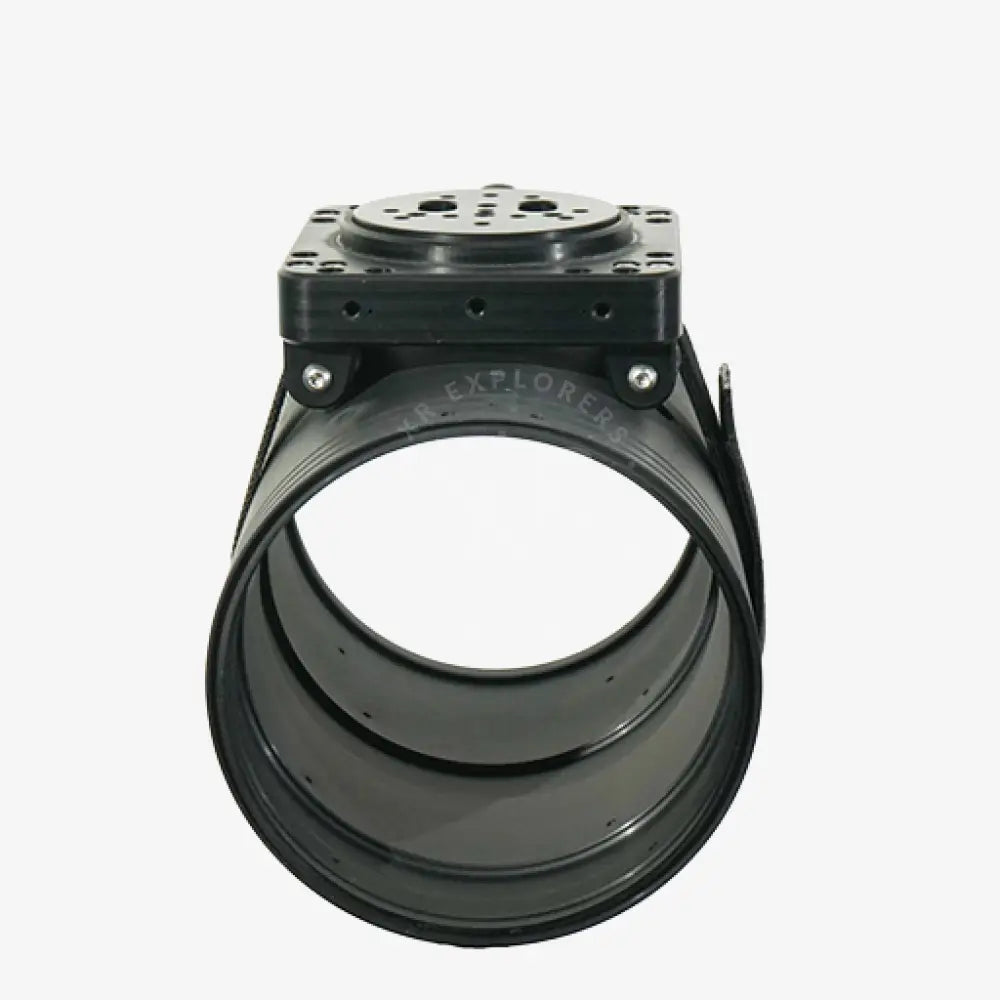 Black industrial rotary actuator with robust cylindrical body and square mounting plate for strap band dpv