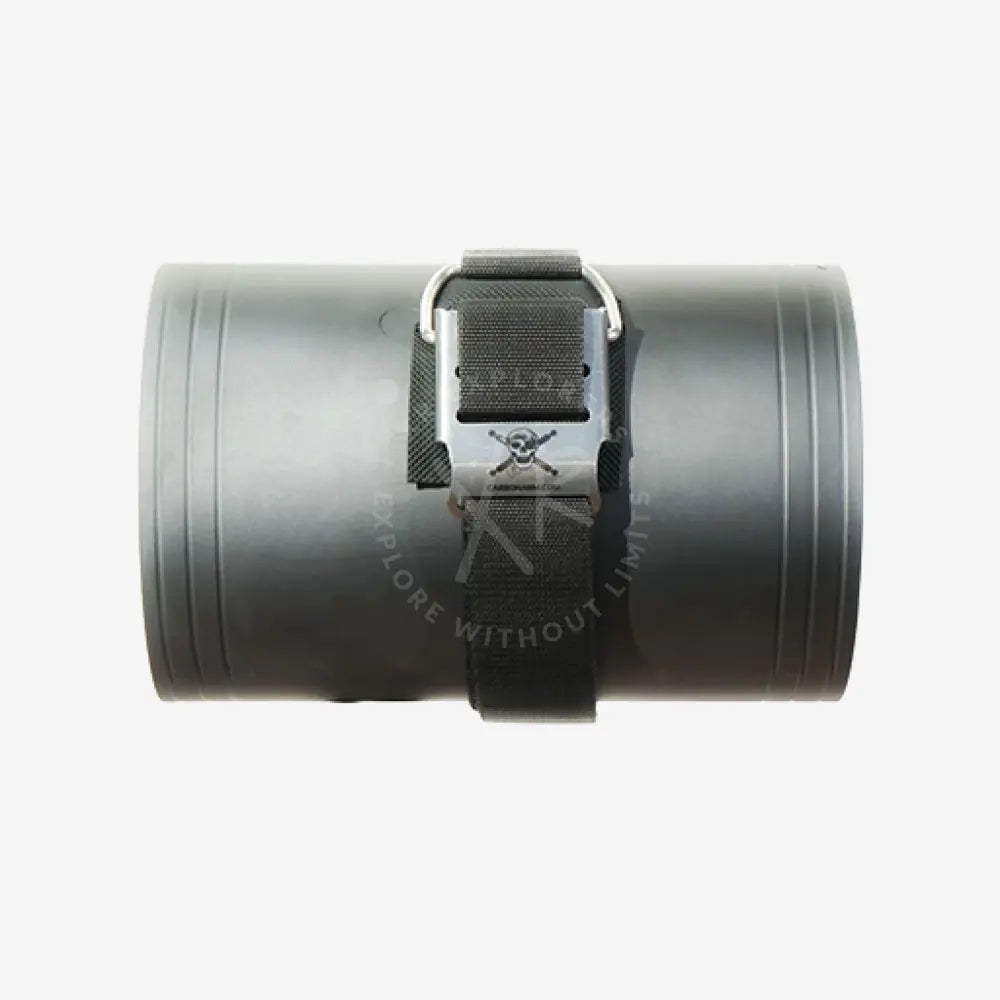 Black tactical-style cylindrical strap band pouch for dpv with silver metal buckle featuring skull and crossbones emblem