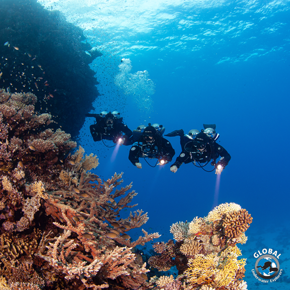 GUE Dive team practicing unified ascent procedures and communication in red sea with XR Explorers training in GUE performance diver course 
