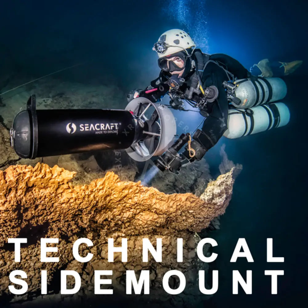 Black cylindrical underwater propulsion device with silver accents and seacraft branding for technical sidemount mastery