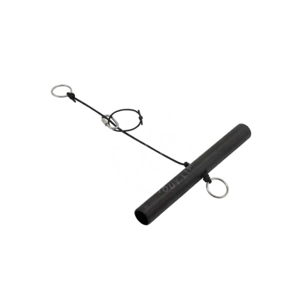 Black cylindrical tow bar pipe with silver metal rings and central clasp mechanism for vehicle towing