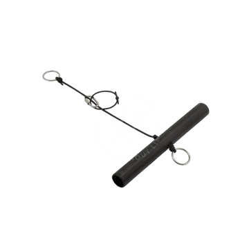 Black cylindrical tow bar pipe with silver metal rings and central clasp mechanism for vehicle towing