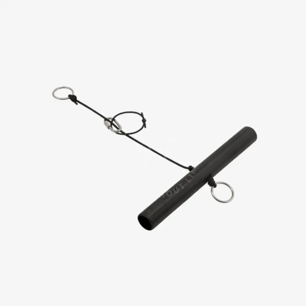 Black cylindrical tow bar pipe with silver metal rings and central clasp mechanism for vehicle towing