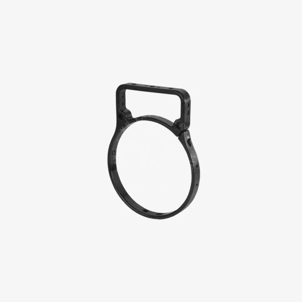Black metal transport bracket camera cage with rectangular top handle and circular ring base for secure mounting