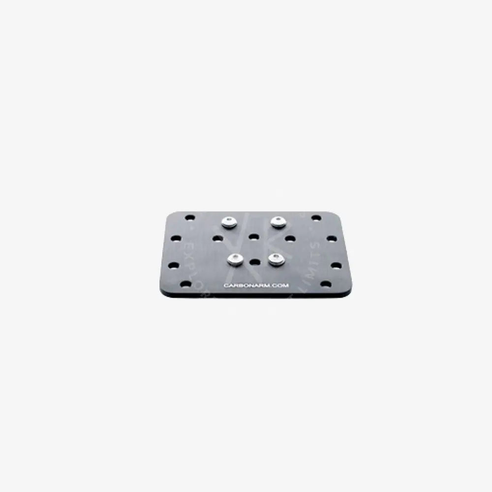 Black rectangular mounting plate with six silver screws and carbon fiber texture tray for housings moby back side