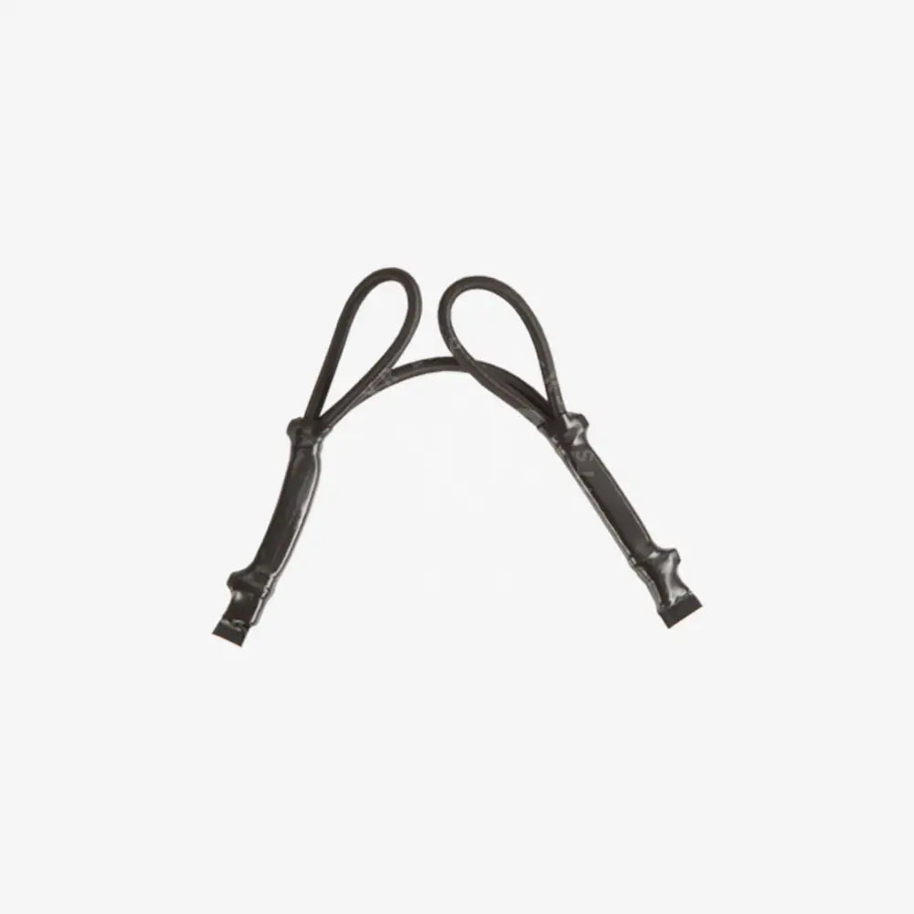 Black leather horsebit style straps with polished metal hardware on trigger lock bag