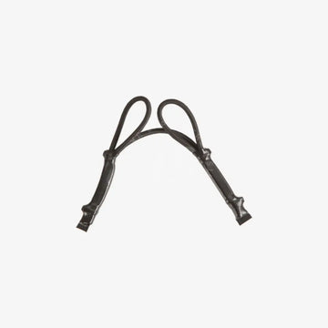 Black leather horsebit style straps with polished metal hardware on trigger lock bag