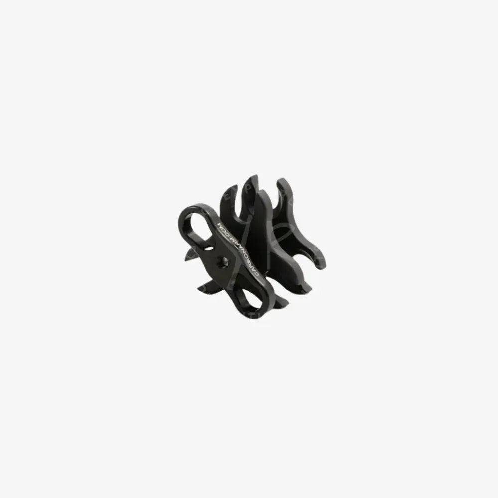 Black metal triple clamp carabiner with sleek modern design and flame like cutouts for secure climbing use