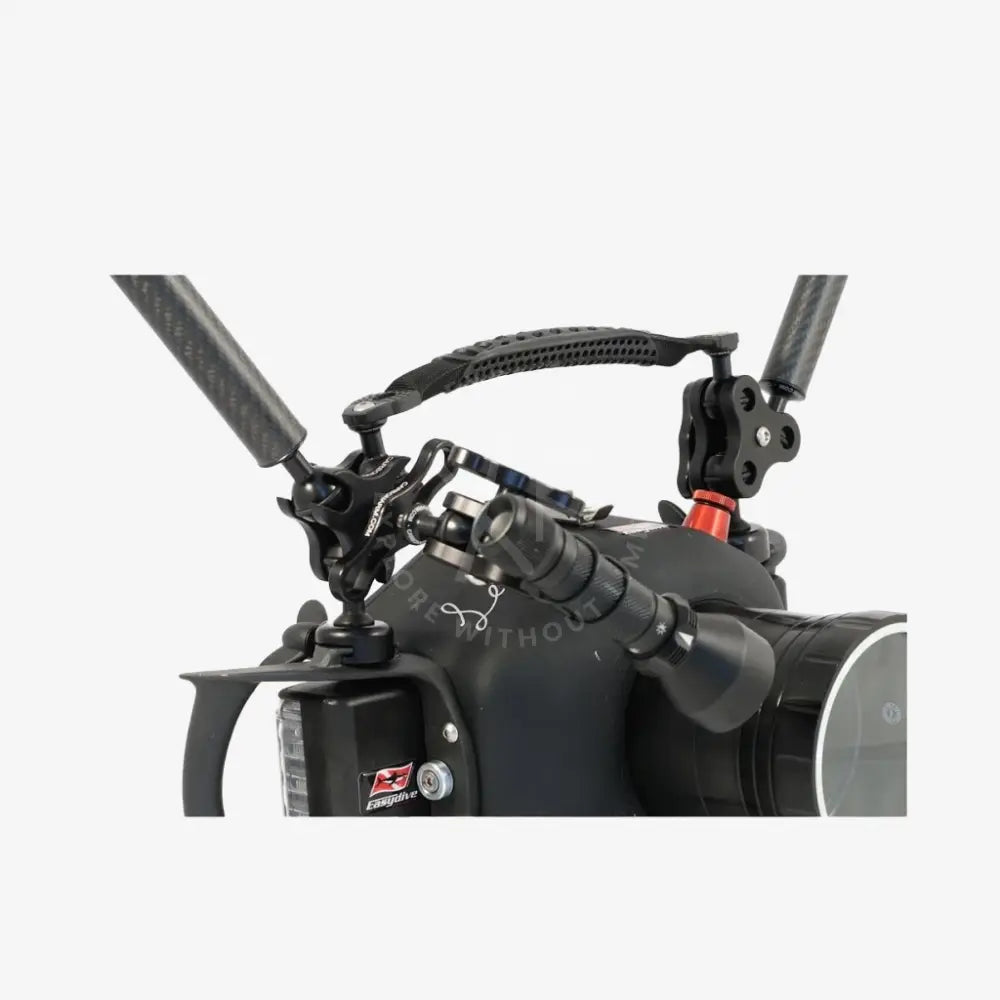 Black carbon fiber triple clamp for tripod with adjustable arms and grips for camera rig setup