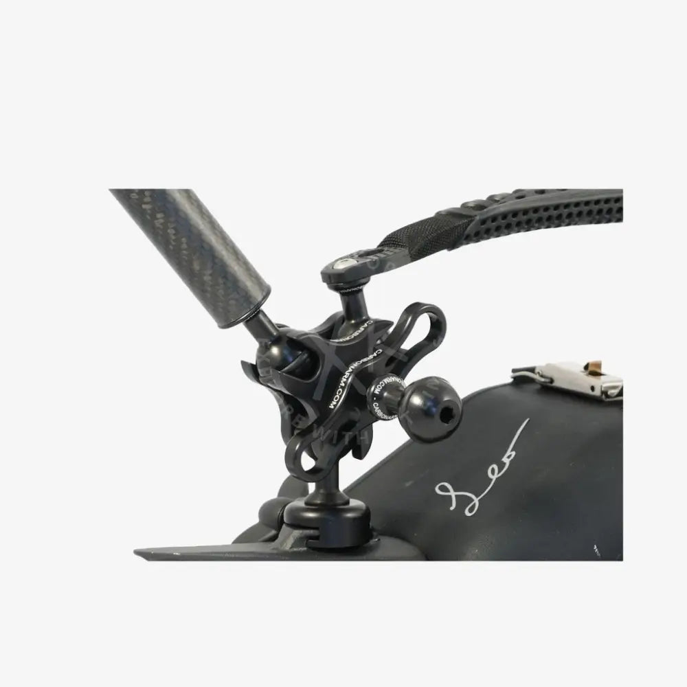 Black carbon fiber triple clamp tripod mount with adjustable ball joint and clamp for microphone attachment