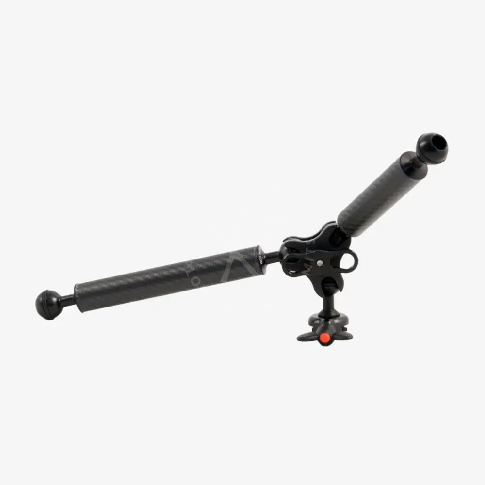 Black articulated triple clamp camera mount with adjustable arms and ball joints for versatile positioning