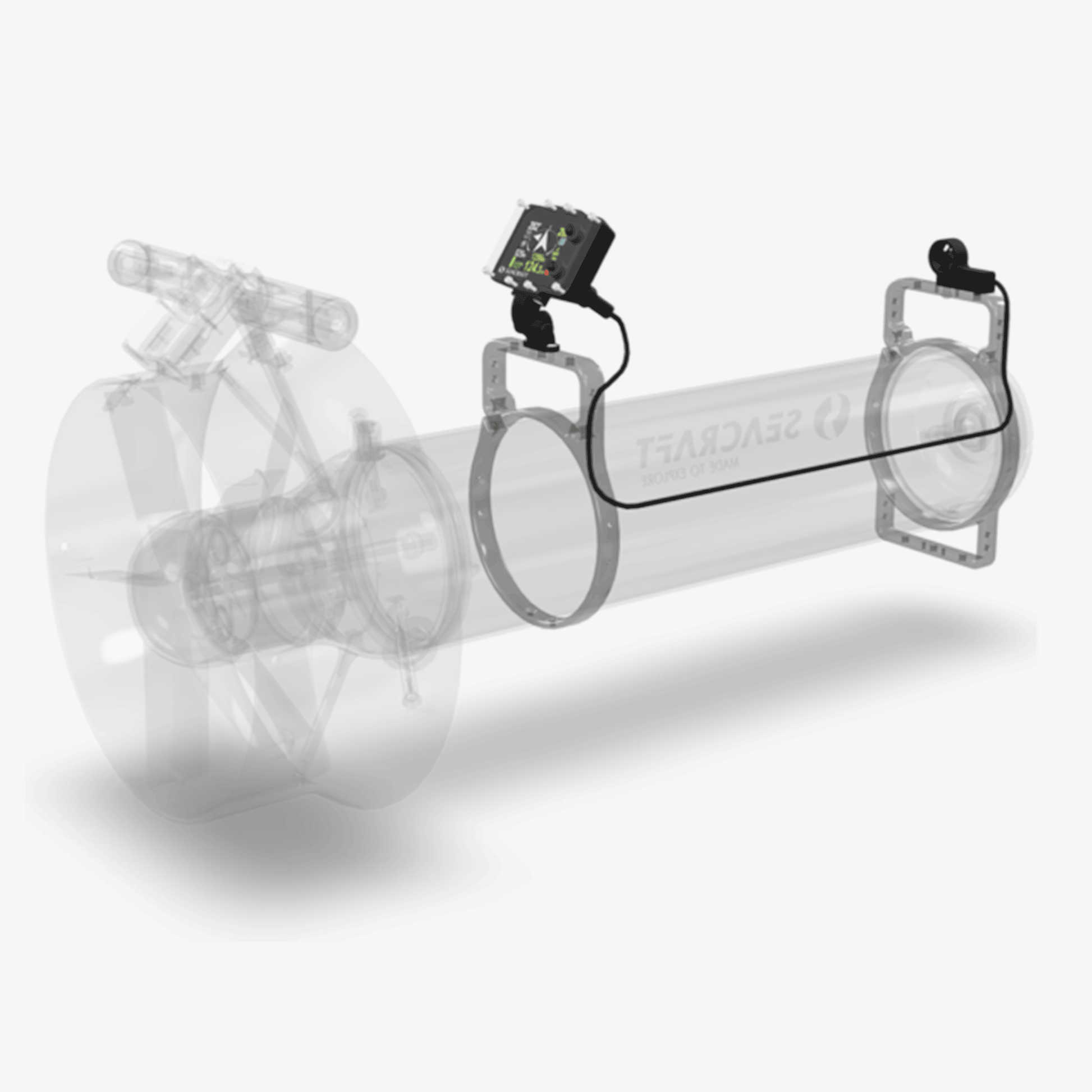 Electronic navigation console mounted on Seacraft DPV showing heading and speed