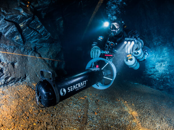 Technical diver using a Seacraft underwater scooter during training in Saudi Arabia KSA