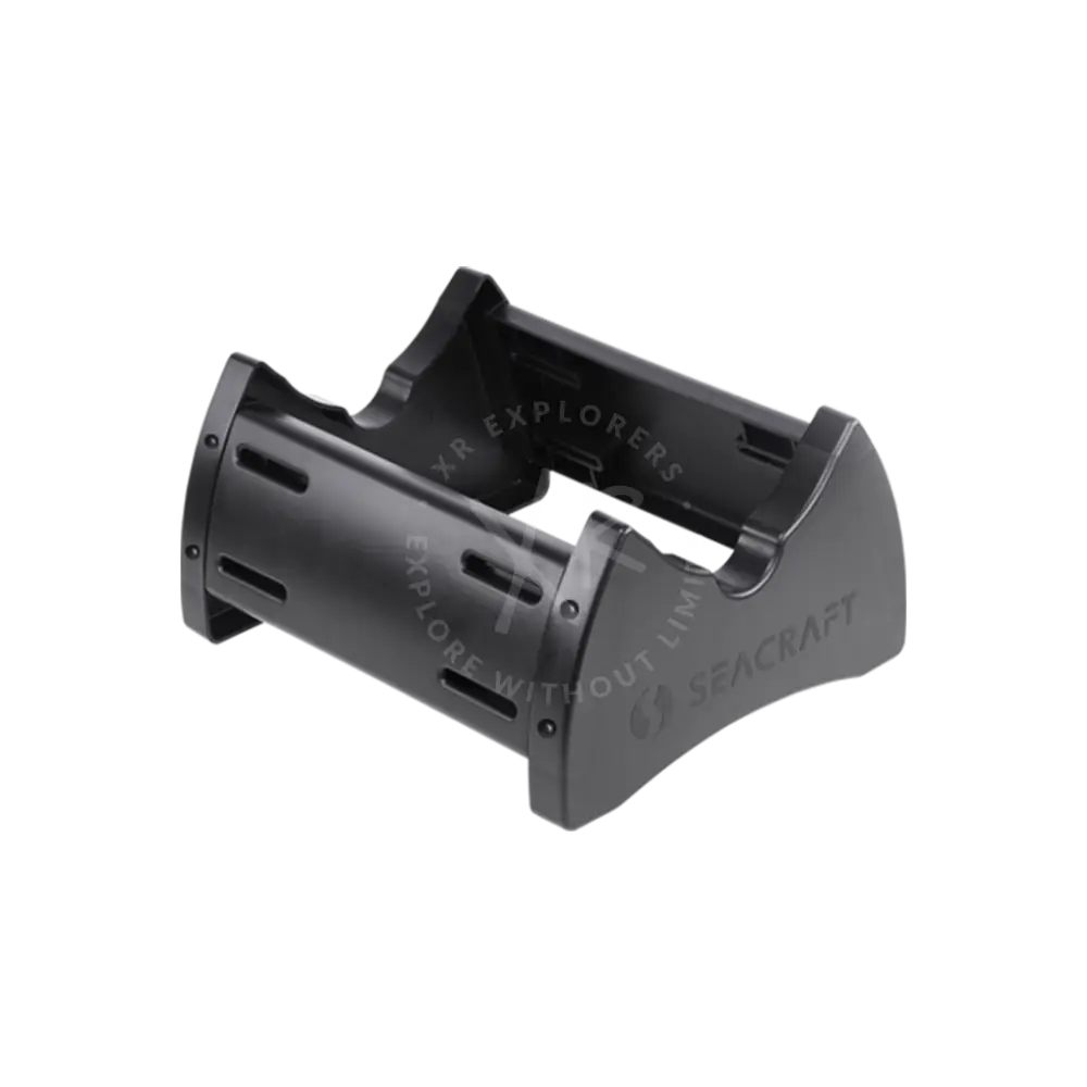 Black plastic seacraft boat battery tray with integrated mounting brackets and ventilation slots for universal transport stand