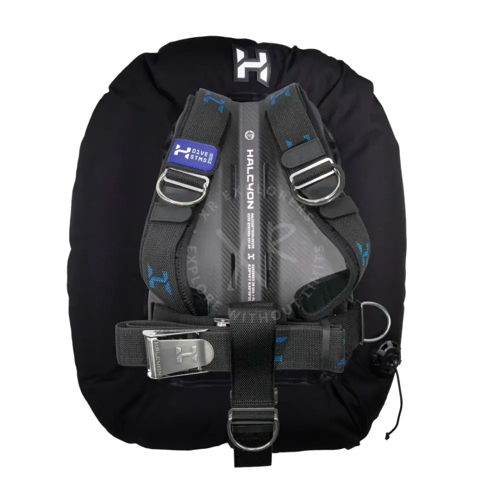 Black halcyon x dive buoyancy compensator wing and backplate system with gray interior blue stitching and silver buckles