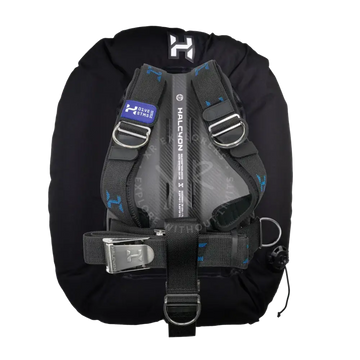 Black halcyon x dive buoyancy compensator wing and backplate system with gray interior blue stitching and silver buckles