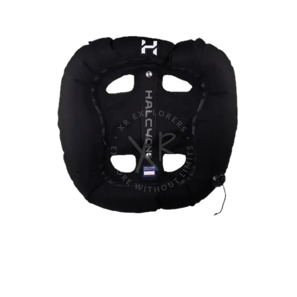 Black halcyon wing inflatable life jacket with sleek padded design and white branding for safety and comfort