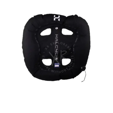 Black halcyon wing inflatable life jacket with sleek padded design and white branding for safety and comfort