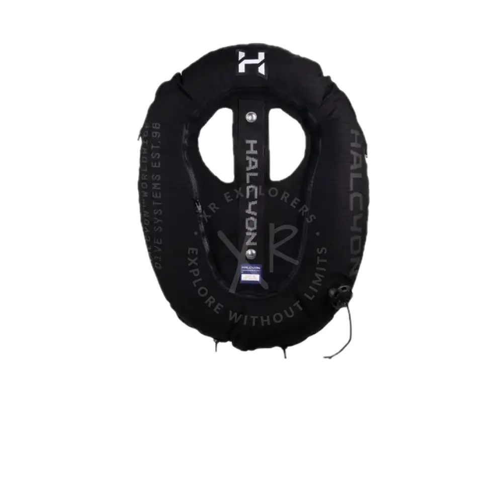 Black Halcyon Wing dive buoyancy compensator with sleek oval design and reinforced stitching for diving gear