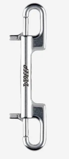 A metal bolt snap with the branding 'X-Deep' on the side, typically used for cylinder bottom clips in diving equipment.