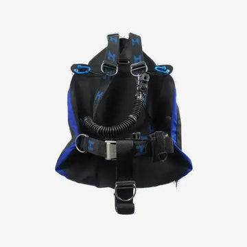 Black and blue scuba diving harness on a white background